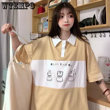 WTEMPO Žien T-Shirts Japonský Kawaii Ulzzang College Mačka Tlače Voľné Topy Dievča je Bežné kórejský Polovičný Rukáv Košele Harajuku