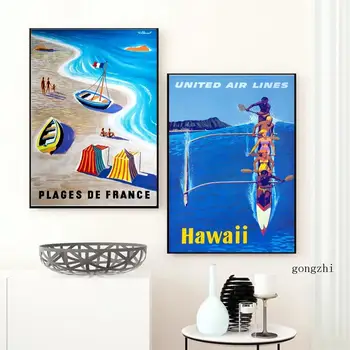 United Air Lines Plagát Francúzsko Havaj Cestovné Plátno na Maľovanie a Vytlačí Vintage Wall Art Obrázky Obývacia Izba Moderného Domova