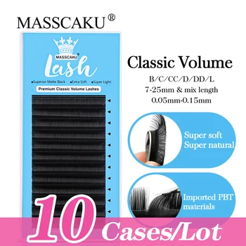 MASSCAKU 10cases 6-25 mm dĺžka Cashmere Klasické Riasy Extenison Matný Čierny ruský Objem Jednotlivé Mihalnice Hodváb Make-up