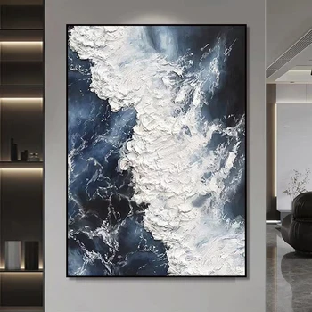 High-end Ručne maľované olejomaľba Luxusné Vĺn Oceánu Moderný Minimalistický Modrá Domáce Dekorácie Obývacia Izba, Spálňa Wall Art