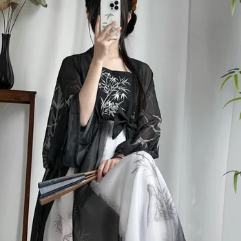 2023 Lete Elegantné Čierne Bambusu Vytlačené Čipky Hanfu Šaty, Oblek Tradičnej Čínskej Ženy Pieseň Dynastie Princezná Cosplay Kostým