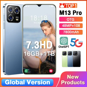 2023 Nový, Originálny Odomknutý M13Pro Mobilný Telefón 7.3 HD 16+1T SmartPhone 3G/4G/5G Dual Sim 48MP+108MP 7800Mah Android 13 Značky