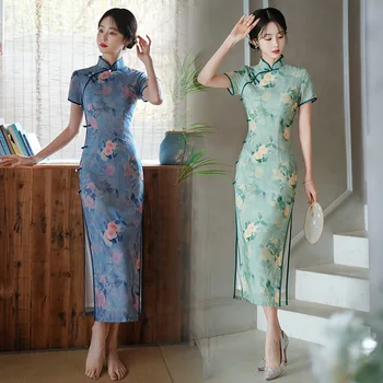 Jar Nové Zelené Elegantný Retro Ženy Čínske Tradičné Šaty Qipao Tlač Cheongsam Dlho QiPao Šaty Plus Veľkosť 3XL