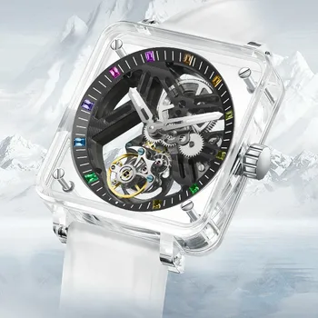 PINDU Dizajn Mechanické Hodinky Tourbillon Transparentné Prípade Sapphire Zrkadlo Nepremokavé Gumy Mužov náramkové hodinky Mechanické Hodinky
