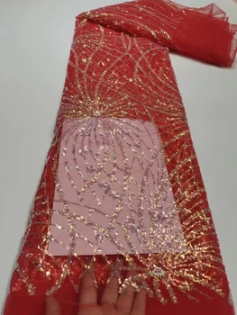 Africké Flitrami Čipky Textílie 2023 Červená Vysokú Kvalitu Výšivky Francúzskej Čipky A Tylu Nigérijský Svadobné Party Šaty, Šitie