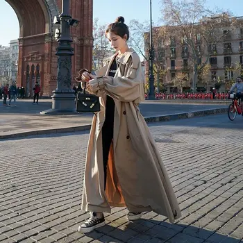 Nové voľné štýl nadrozmerná žien windbreaker s opasok uzavretie žien cape windbreaker jar a na jeseň kabát šedá