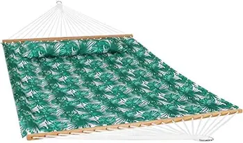 Prešívaný Polyester Double Hammock a Vankúš - 450-Libra Hmotnosť Kapacita - Zelené Palmové Listy