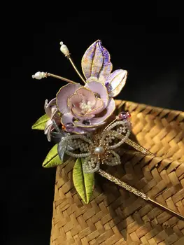 Čínsky Hanfu Retro Headdress Fialový Kvet, Motýľ, Vlásenky Starožitné Hanfu Príslušenstvo Ručné Strapce Príslušenstvo Vlásenky