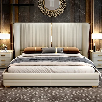 High-end atmosférických posteľ Moderný ľahký luxusný nábytok, kožené postele, spálne, pohodlné dvojlôžko mäkká posteľ