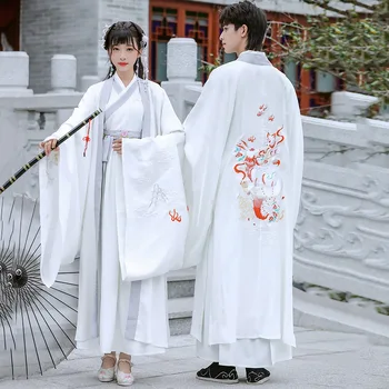 Pôvodný Biely Hanfu Ženy Muži Staré Čínske Tradičné Šaty V Štýle Výšivky Wei-Jin Dynastie Veľký Kabát Pár Nosiť Kostým
