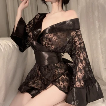 Ženské Japonské Kimono Čierne Sexy Šaty, Kostýmy Anime Tradičné Cosplay Oblečenie Župan Pyžamo Pás Nohavičky Nastaviť Nightgown