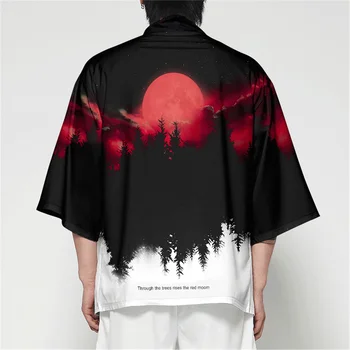 3D Vytlačené Mesiac Kimono Mužov a Žien Harajuku Topy Tradičného Japonského Odevu Čierny Les Rúcha Voľné Kimono