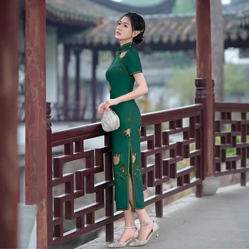 2023 Lete Retro Čínsky Štýl, Zlepšenie Tlač Zelená Cheongsam Dievčatá Elegantné Módne Večerné Party Šaty Qipao pre Ženy