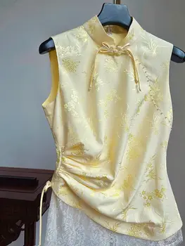 2023 čínsky štýl, ženy retro tangsuits vesta tang vyhovovali žltá cheongsam blúzka bez rukávov ženy bežné denné hanfu qipao vesst
