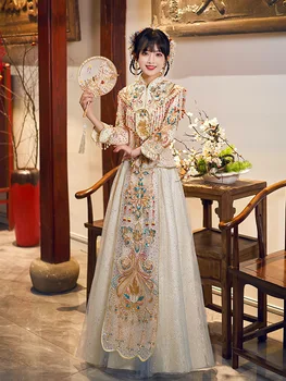 Čínske Svadobné Šaty Iskrivý Šampanské Flitrami Cheongsam Nevesta Toast Oblečenie Tang Vyhovovali Formálne Lištovanie Strapce Qipao