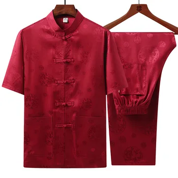 Tang Vyhovovali Lete Priedušná Čínskom Štýle Retro Tričko, Nohavice Krátke Ručné Tlačidlo, Výšivky Tradičné Orientálne Oblečenie