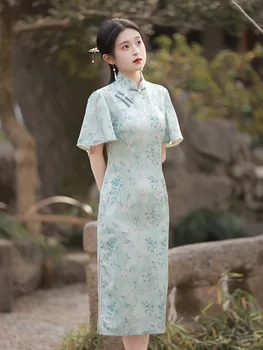 2023 Čínskych Tradičných Krátky Rukáv Cheongsam Vintage Blue Kvetinový Tlač Elegantné Vysoké Split Qipao pre Ženy