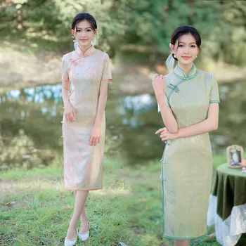 Tradičný Čínsky Štýl, Krátky Rukáv Qipao Šaty Ženy Štíhle Dlhé Vysoká Rozdeliť Cheongsam Vestidos Ázijské Oblečenie