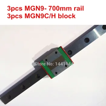 MGN9 Miniatúrne lineárne železničnej:3ks MGN9 - 700 mm železničnej+3ks MGN9C/MGN9H prepravu pre X Y Z axies 3d tlačiarne diely