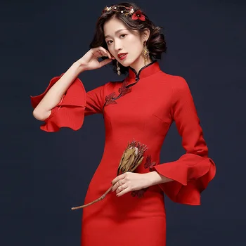 Ázijské Strany Čínskych Qipao Dlhé Šaty Efektné Šaty Červené Lady Kostým