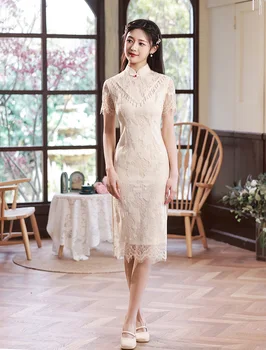 2023 Béžová Lepšiu Výšivky Cheongsam Vintage Elegantné Šaty Trúby Rukáv Slim-fit Polovice Dlho Qipao Tradičné Čínske Šaty