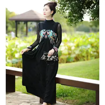 2023 čínsky vintage výšivky bez rukávov šaty na jar nové elegantné čínsky národný štýl ženy dlho bežné šaty s282