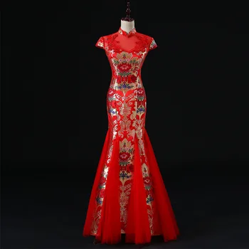 Červená Výšivky Svadobné Cheongsam Ženy Vintage Plus Veľkosť Fishtail Tradičné Šaty Zobraziť Kostým Formálne Qipao XS Až 3XL
