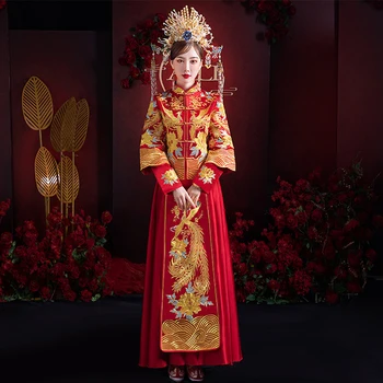 Čínske Tradičné Manželstvo Šaty, Oblek Doska, Pracka Phoenix Výšivky Xiuhe Oblečenie Nevesty Šaty Červené Prom Šaty Cheongsam