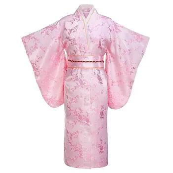 Ružový Tlač Kvet Mladá Dáma Tradičné Japonské Kimono Župan Šaty Celý Rukáv Večierok Prom Šaty Saténové tvaru Oblečenie