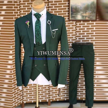 Zelená Obleky Mužov Slim Fit Singel Svojim Sako-Nastaví Zákazku Formálne Business Office Bunda+Vesta+Nohavice Homme Luxe Mariage