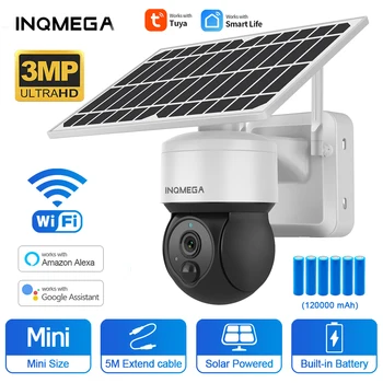 INQMEGA 3MP, WIFI, Solárne bezpečnostné Kamery Tuya Smart Cloud 6W Solárny Panel Bezpečnostné Kamery, WIFI, Vonkajší Alexa Google Monitor CAM