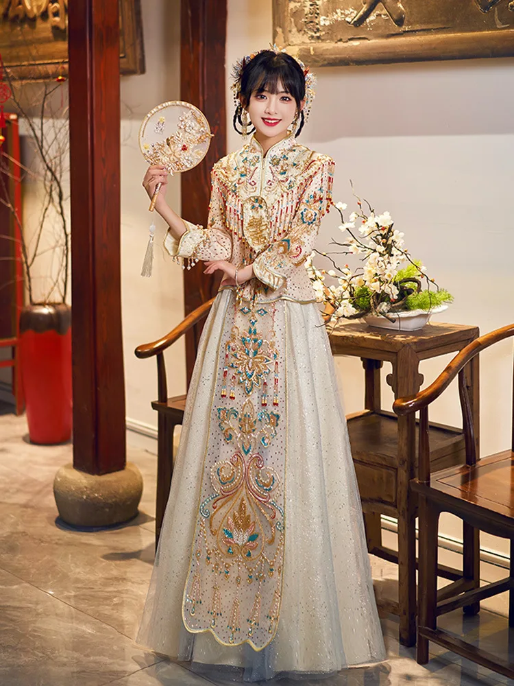 Čínske Svadobné Šaty Iskrivý Šampanské Flitrami Cheongsam Nevesta Toast Oblečenie Tang Vyhovovali Formálne Lištovanie Strapce Qipao . ' - ' . 0