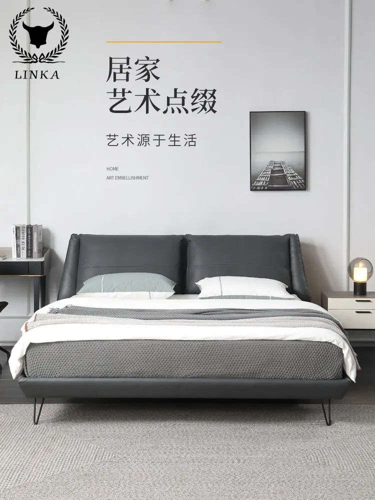 Taliansky štýl prvá vrstva cowhide dvojlôžková spálňa moderný minimalistický Nordic light luxusná kožená posteľ kožené umenie posteľ . ' - ' . 0