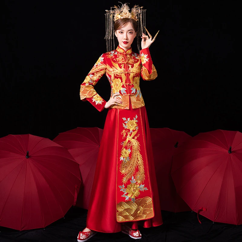 Čínske Tradičné Manželstvo Šaty, Oblek Doska, Pracka Phoenix Výšivky Xiuhe Oblečenie Nevesty Šaty Červené Prom Šaty Cheongsam . ' - ' . 1