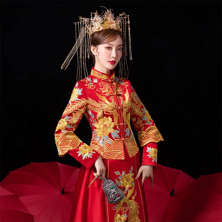 Čínske Tradičné Manželstvo Šaty, Oblek Doska, Pracka Phoenix Výšivky Xiuhe Oblečenie Nevesty Šaty Červené Prom Šaty Cheongsam . ' - ' . 4