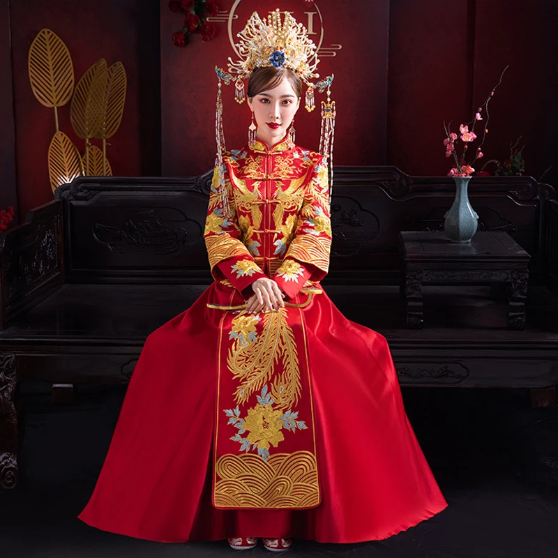 Čínske Tradičné Manželstvo Šaty, Oblek Doska, Pracka Phoenix Výšivky Xiuhe Oblečenie Nevesty Šaty Červené Prom Šaty Cheongsam . ' - ' . 5