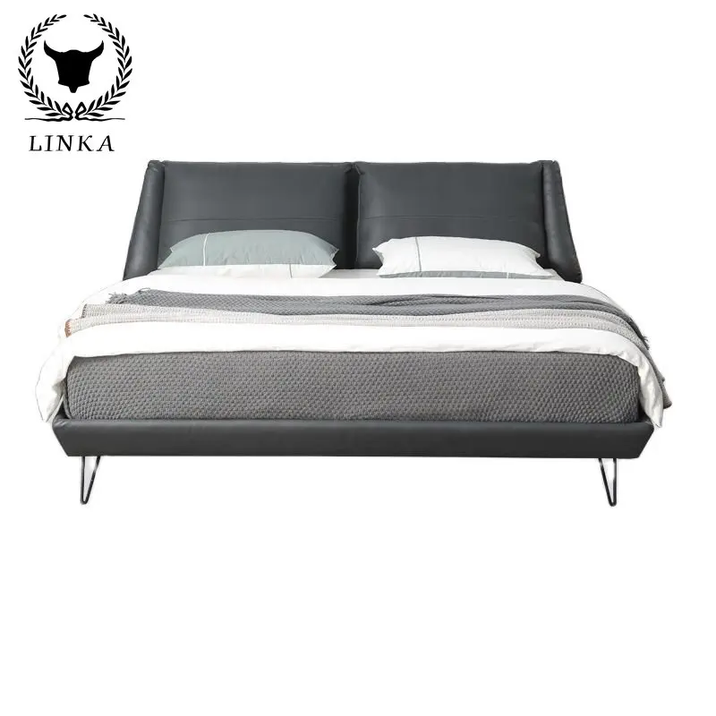 Taliansky štýl prvá vrstva cowhide dvojlôžková spálňa moderný minimalistický Nordic light luxusná kožená posteľ kožené umenie posteľ . ' - ' . 5